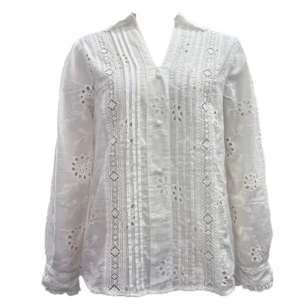 Sezane French STYLE Elegant White Embroidered Women's Top eyelet light